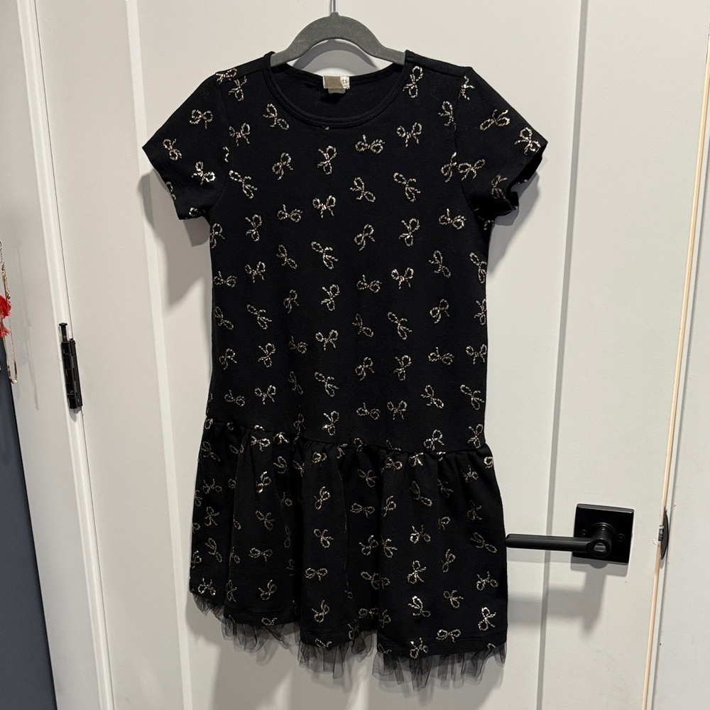 Crewcuts Black Dress with Gold Bow Accents and Tulle Trim